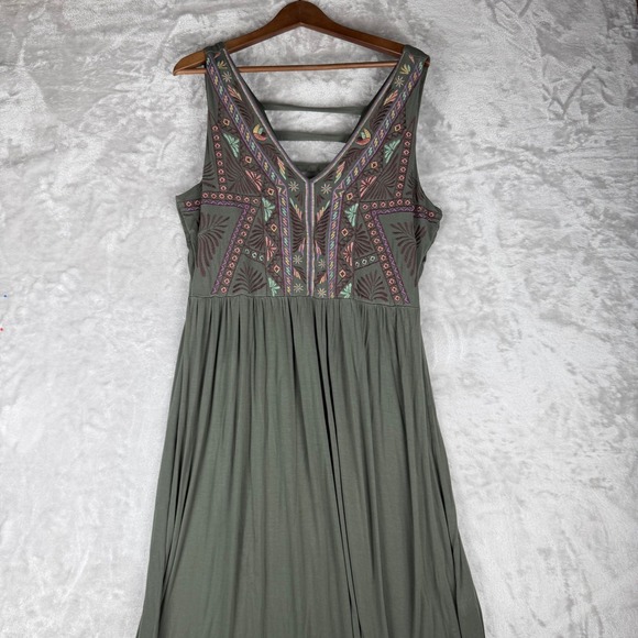 Olive Green Embroidered Maxi Dress V Neck Sleeveless Boho xl South Western - Picture 3 of 11
